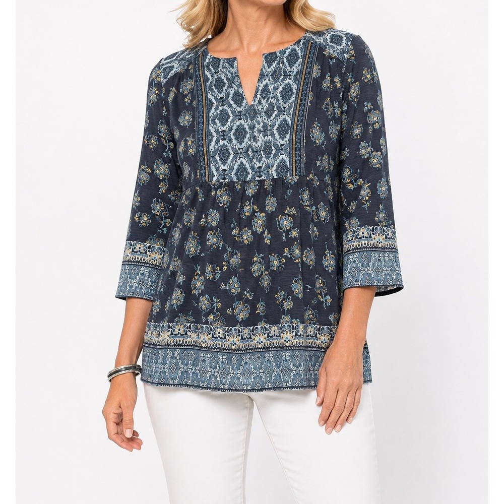Coldwater Creek Women 2X Navy Blue Floral Geometric Mixed Print Peplum Tunic Top